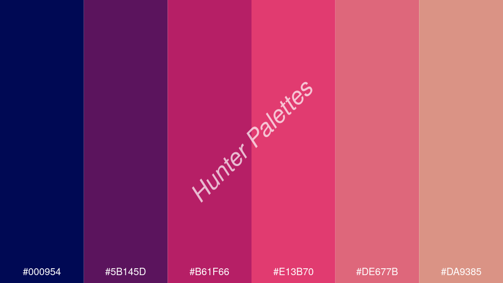 razzmatazz szín palettája a következőkkel: #000954 #5b145d #b61f66 #e13b70 #de677b #da9385