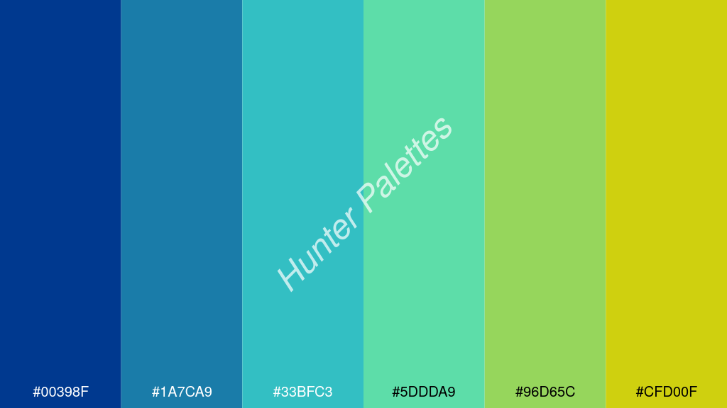 türkiz szín palettája a következőkkel: #00398f #1a7ca9 #33bfc3 #5ddda9 #96d65c #cfd00f
