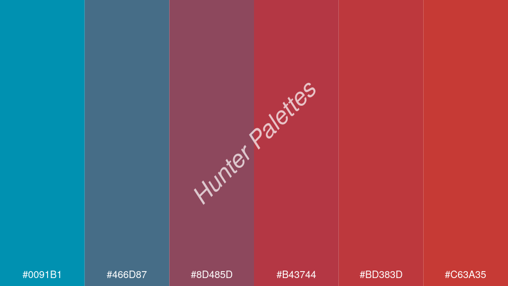 gránát szín palettája a következőkkel: #0091b1 #466d87 #8d485d #b43744 #bd383d #c63a35
