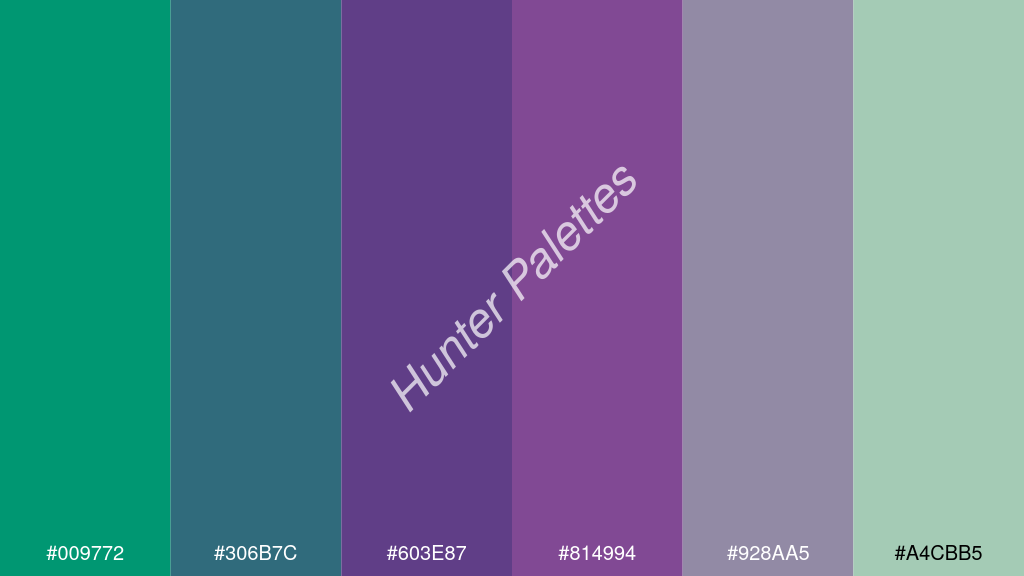 ibolya szín palettája a következőkkel: #009772 #306b7c #603e87 #814994 #928aa5 #a4cbb5