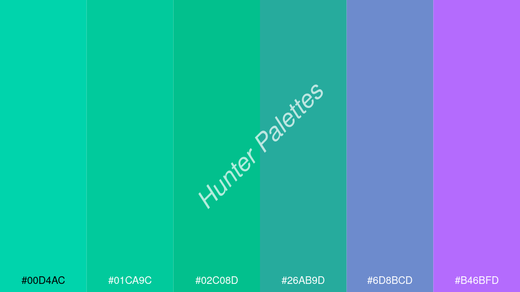 akvamarinzöld szín palettája a következőkkel: #00d4ac #01ca9c #02c08d #26ab9d #6d8bcd #b46bfd