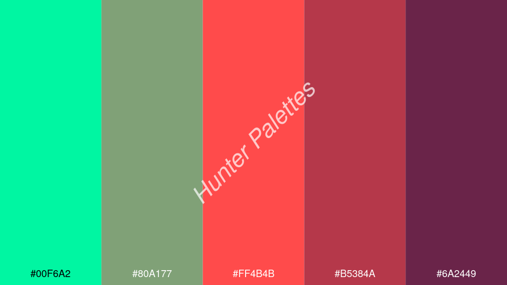 világos piros szín palettája a következőkkel: #00f6a2 #80a177 #ff4b4b #b5384a #6a2449