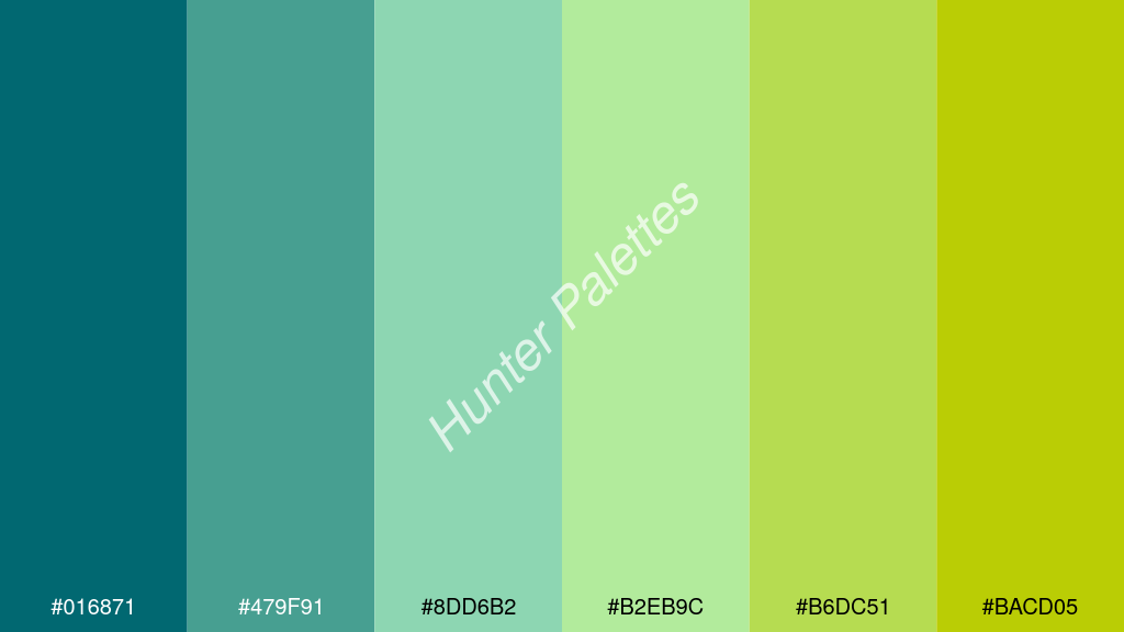 pasztellzöld szín palettája a következőkkel: #016871 #479f91 #8dd6b2 #b2eb9c #b6dc51 #bacd05