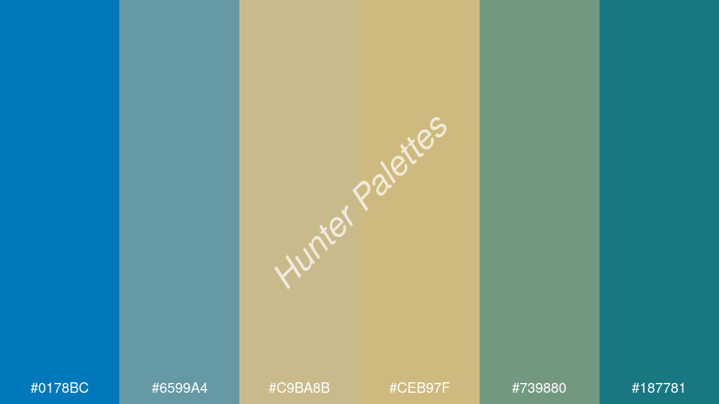 dinnye szín palettája a következőkkel: #0178bc #6599a4 #c9ba8b #ceb97f #739880 #187781