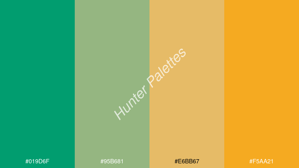 khaki szín palettája a következőkkel: #019d6f #95b681 #e6bb67 #f5aa21