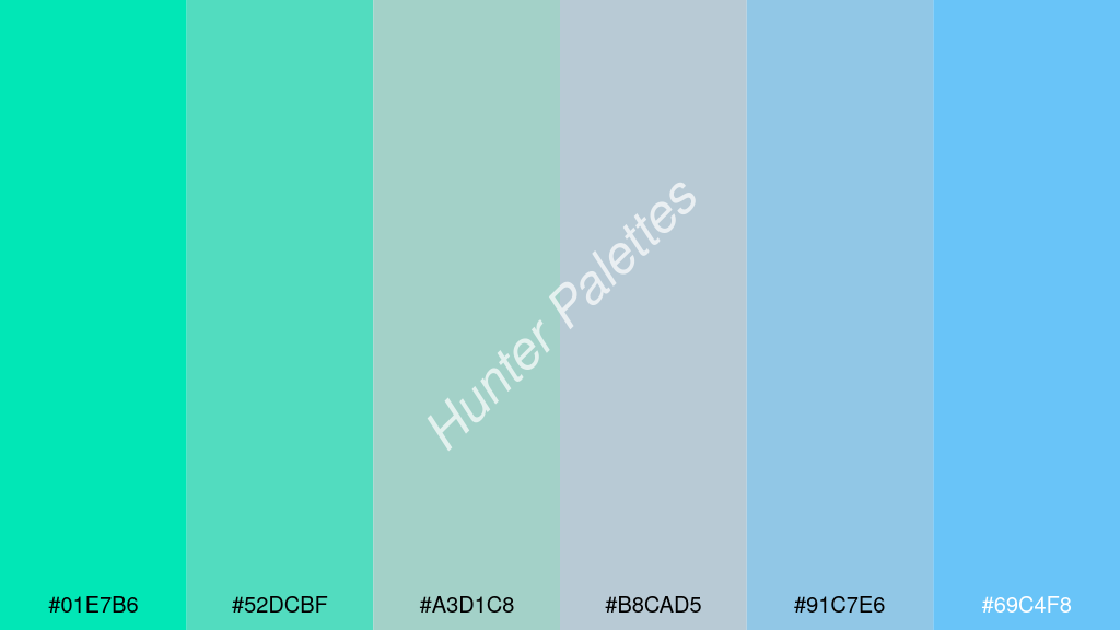 cccccc szín palettája a következőkkel: #01e7b6 #52dcbf #a3d1c8 #b8cad5 #91c7e6 #69c4f8