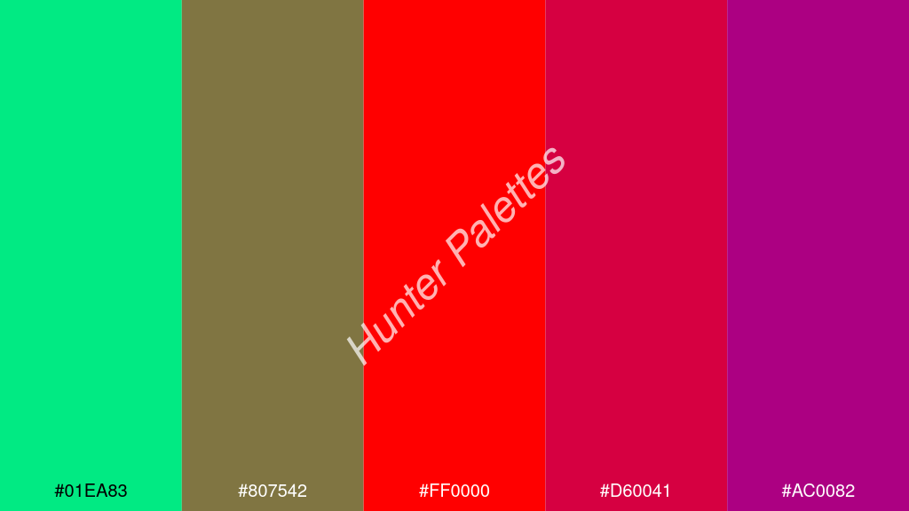 vörös szín palettája a következőkkel: #01ea83 #807542 #ff0000 #d60041 #ac0082