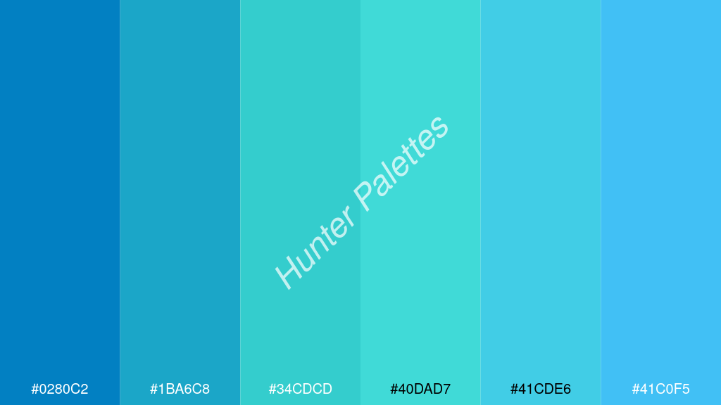 türkiz szín palettája a következőkkel: #0280c2 #1ba6c8 #34cdcd #40dad7 #41cde6 #41c0f5
