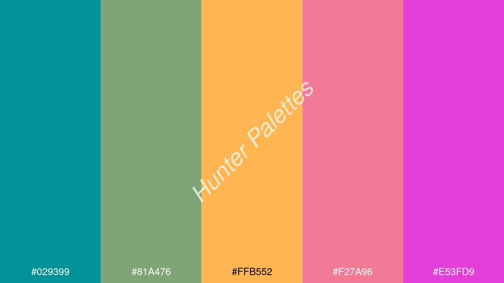 világos narancs szín palettája a következőkkel: #029399 #81a476 #ffb552 #f27a96 #e53fd9