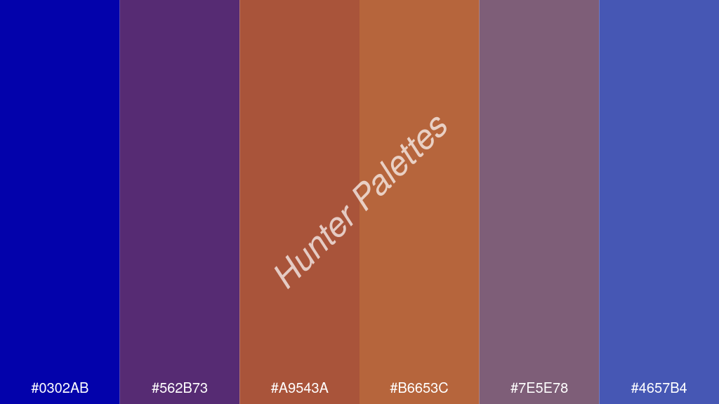 fahéj szín palettája a következőkkel: #0302ab #562b73 #a9543a #b6653c #7e5e78 #4657b4