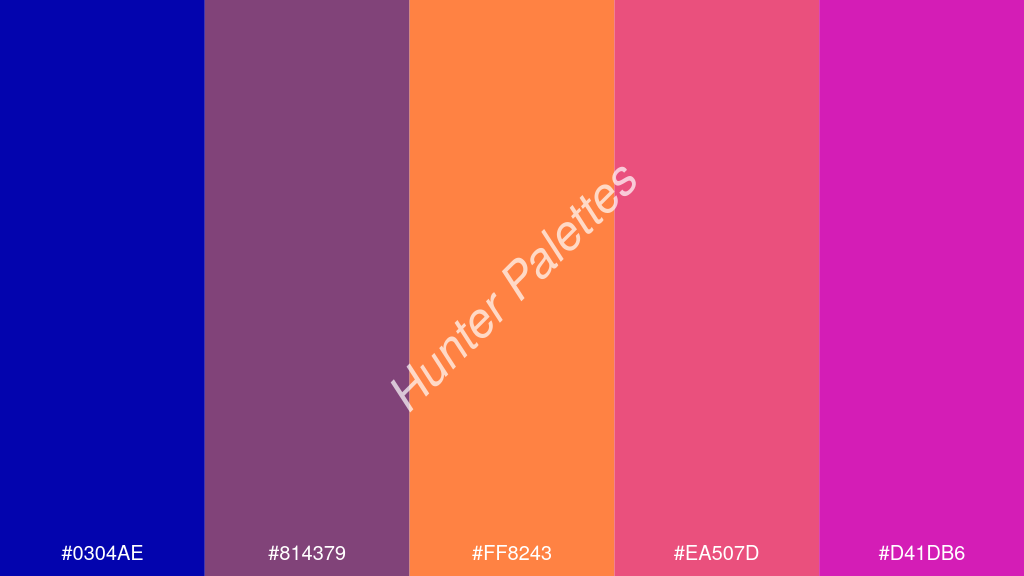 mangó szín palettája a következőkkel: #0304ae #814379 #ff8243 #ea507d #d41db6