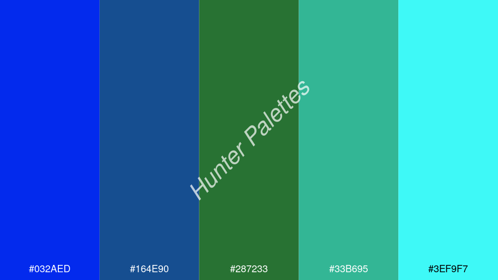 smaragdzöld szín palettája a következőkkel: #032aed #164e90 #287233 #33b695 #3ef9f7