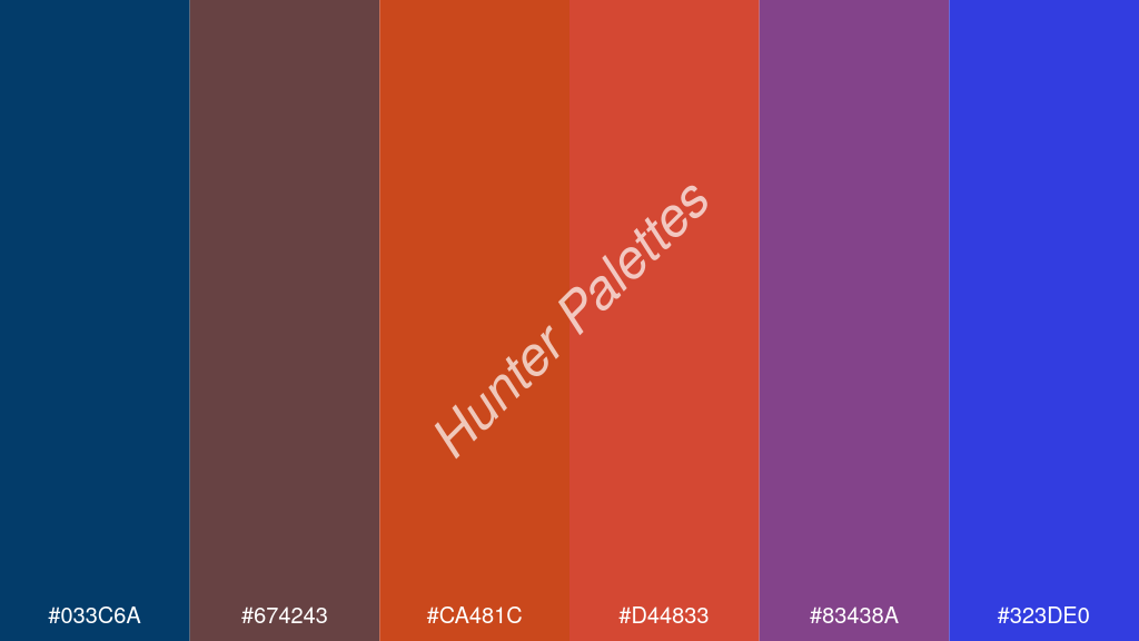 fluoreszkáló narancs szín palettája a következőkkel: #033c6a #674243 #ca481c #d44833 #83438a #323de0