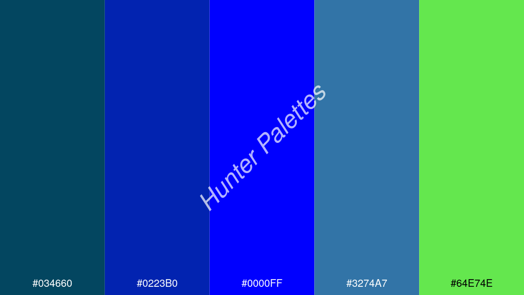 kék szín palettája a következőkkel: #034660 #0223b0 #0000ff #3274a7 #64e74e