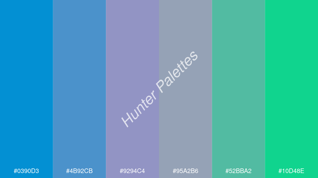 orgona szín palettája a következőkkel: #0390d3 #4b92cb #9294c4 #95a2b6 #52bba2 #10d48e