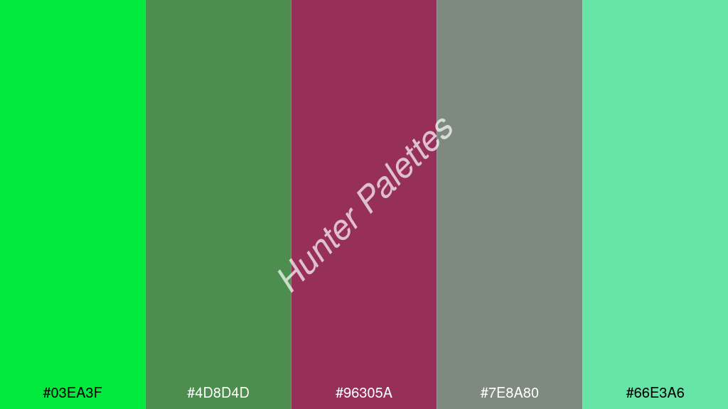 bordó szín palettája a következőkkel: #03ea3f #4d8d4d #96305a #7e8a80 #66e3a6