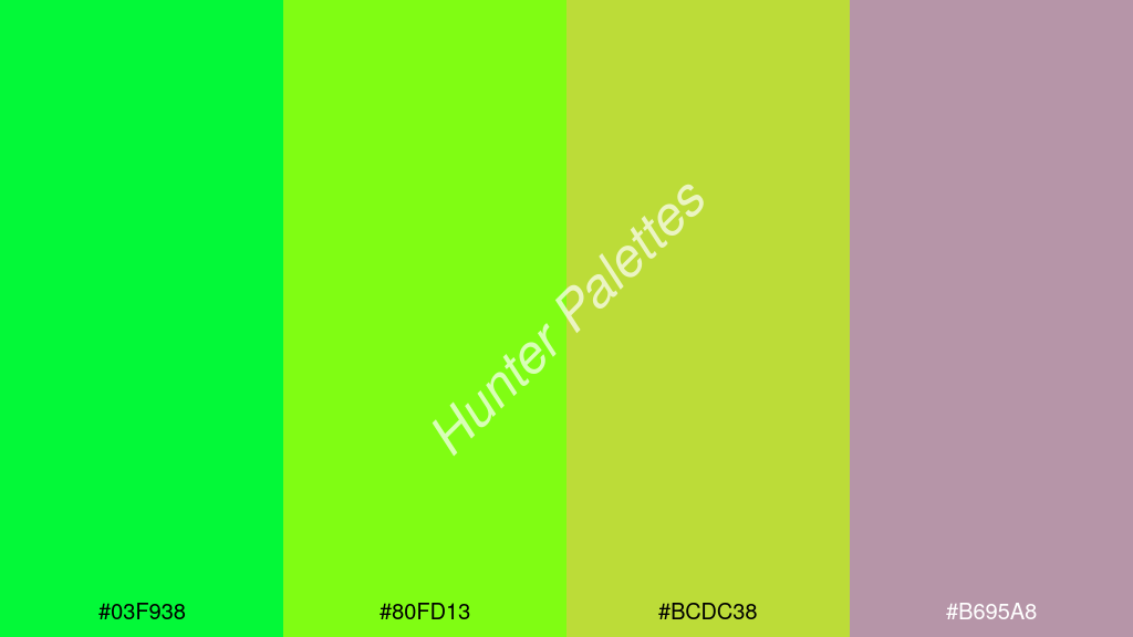 limezöld szín palettája a következőkkel: #03f938 #80fd13 #bcdc38 #b695a8