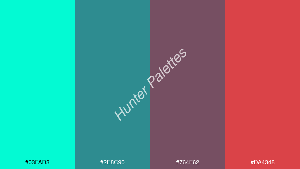 kékes szürke szín palettája a következőkkel: #03fad3 #2e8c90 #764f62 #da4348