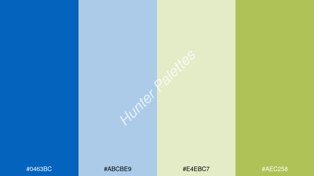 fehér szín palettája a következőkkel: #0463bc #abcbe9 #e4ebc7 #aec258