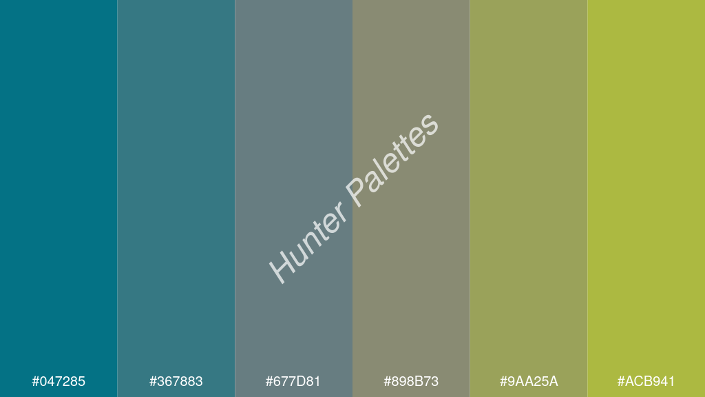 szürke szín palettája a következőkkel: #047285 #367883 #677d81 #898b73 #9aa25a #acb941