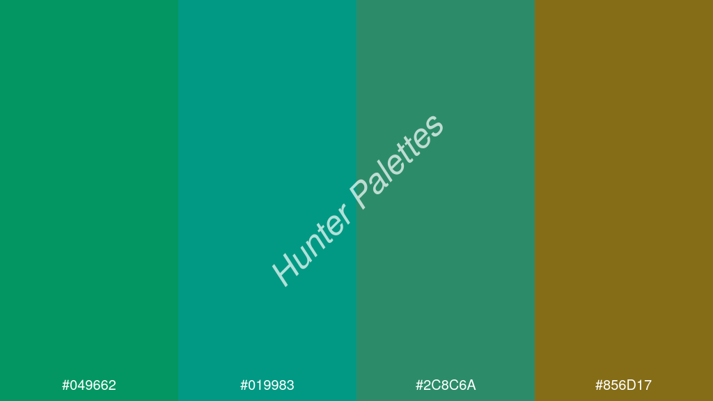 kékzöld szín palettája a következőkkel: #049662 #019983 #2c8c6a #856d17