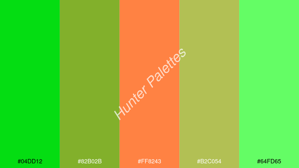 mangó szín palettája a következőkkel: #04dd12 #82b02b #ff8243 #b2c054 #64fd65