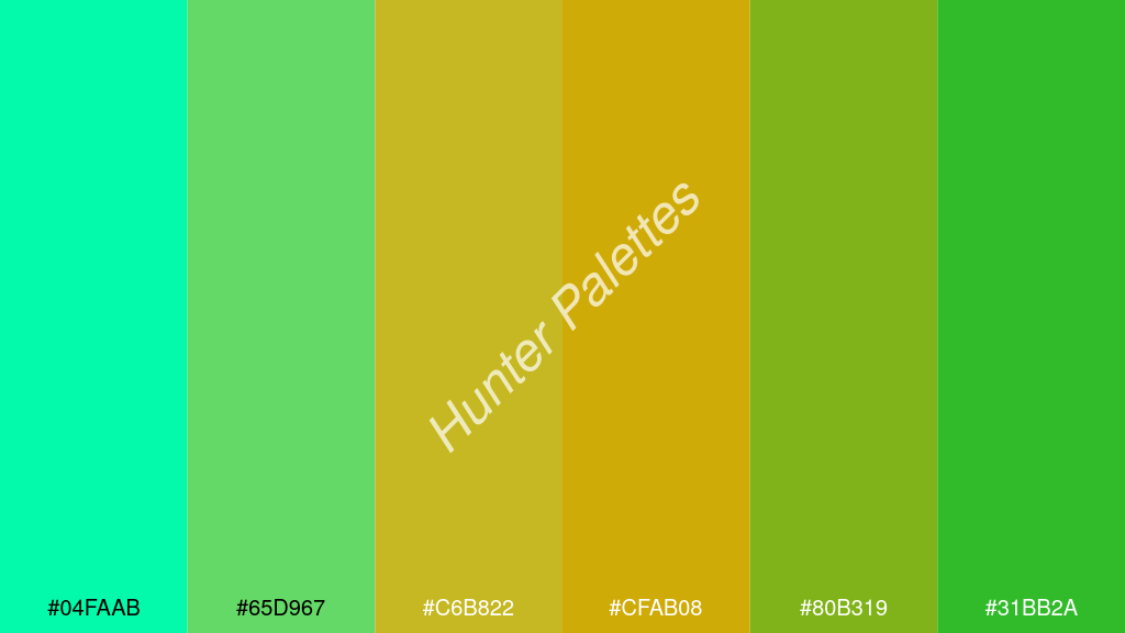 mustársárga szín palettája a következőkkel: #04faab #65d967 #c6b822 #cfab08 #80b319 #31bb2a