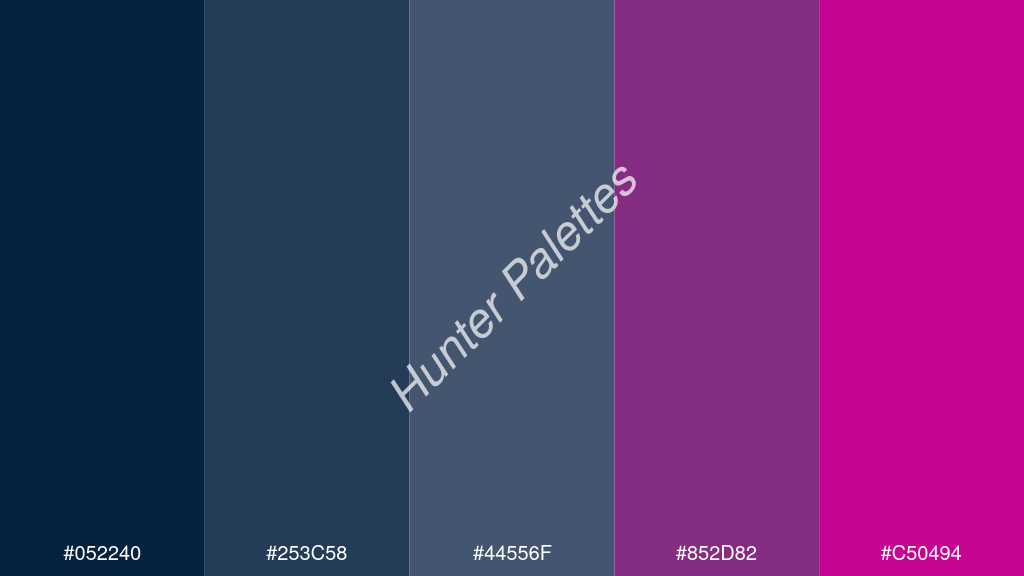 kékes szürke szín palettája a következőkkel: #052240 #253c58 #44556f #852d82 #c50494