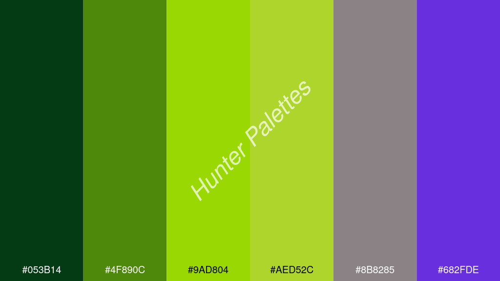 limezöld szín palettája a következőkkel: #053b14 #4f890c #9ad804 #aed52c #8b8285 #682fde