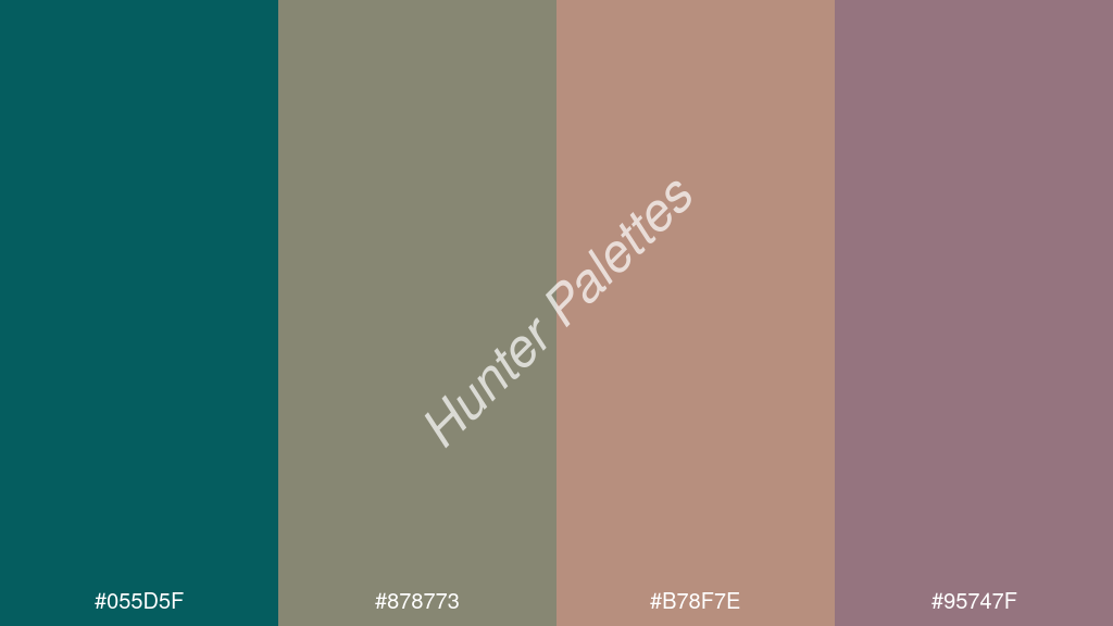 terracotta szín palettája a következőkkel: #055d5f #878773 #b78f7e #95747f