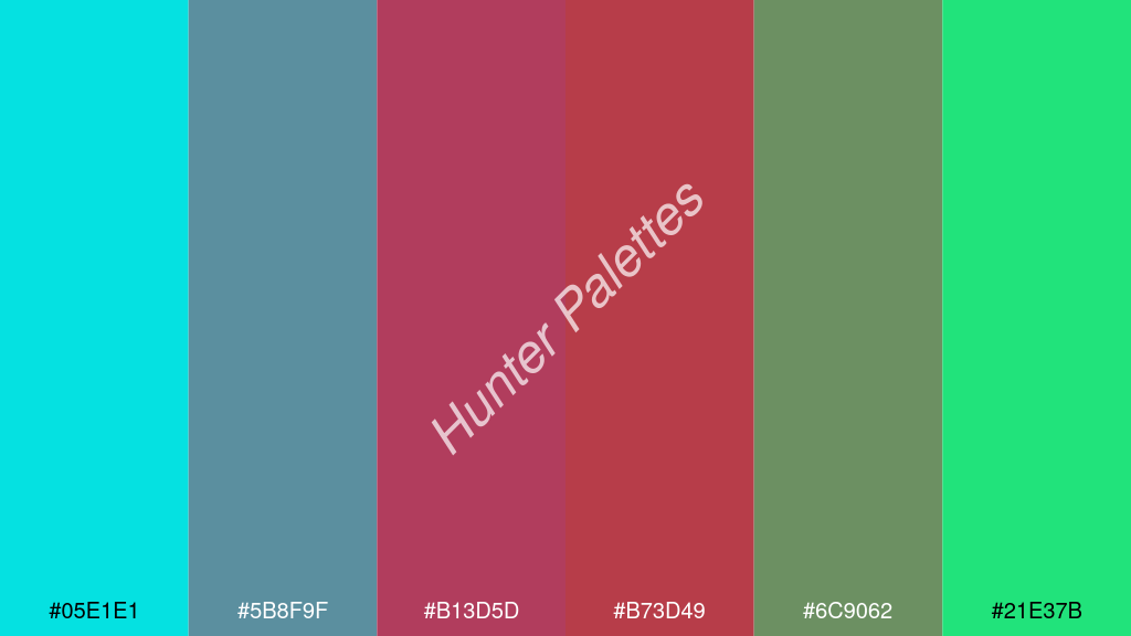 bíbor szín palettája a következőkkel: #05e1e1 #5b8f9f #b13d5d #b73d49 #6c9062 #21e37b