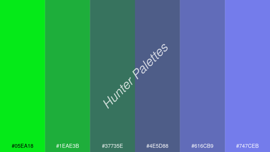 kékes szürke szín palettája a következőkkel: #05ea18 #1eae3b #37735e #4e5d88 #616cb9 #747ceb