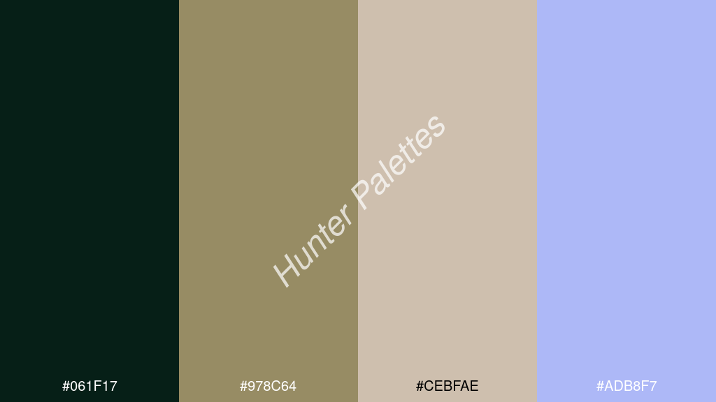 khaki szín palettája a következőkkel: #061f17 #978c64 #cebfae #adb8f7