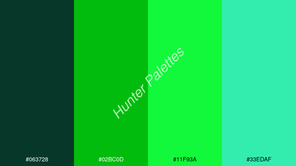 zöld szín palettája a következőkkel: #063728 #02bc0d #11f93a #33edaf