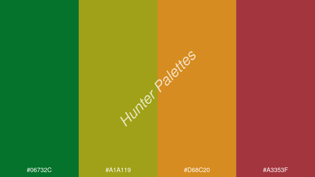arany szín palettája a következőkkel: #06732c #a1a119 #d68c20 #a3353f