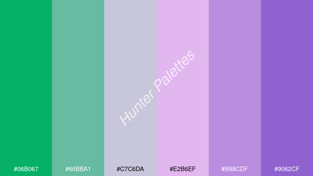 világos rózsaszín szín palettája a következőkkel: #06b067 #66bba1 #c7c6da #e2b6ef #b98cdf #9062cf