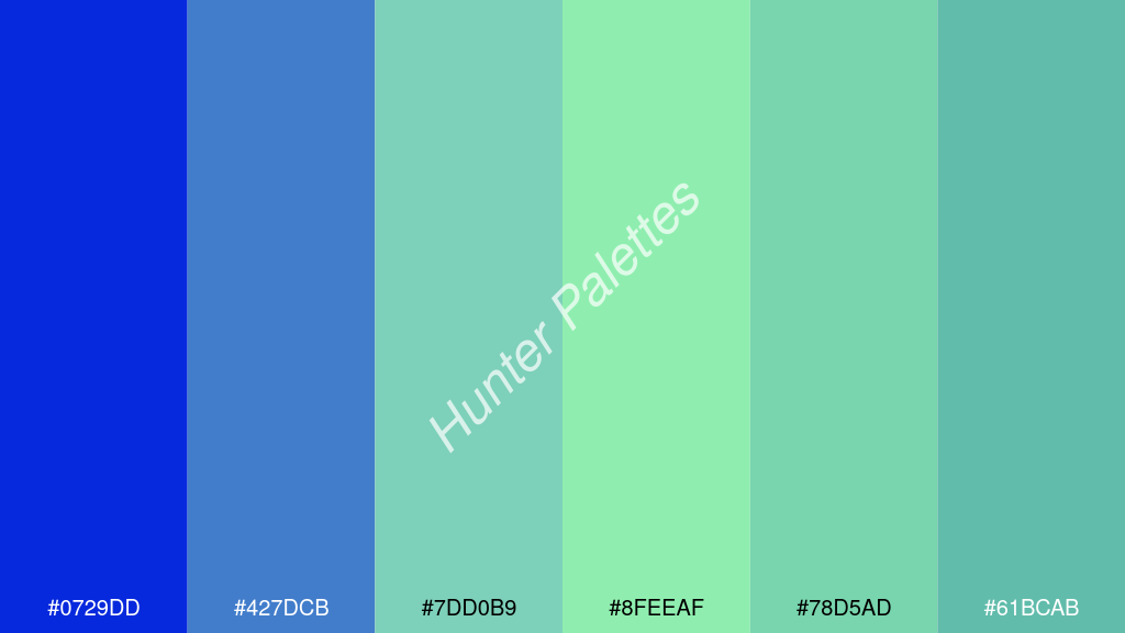 menta szín palettája a következőkkel: #0729dd #427dcb #7dd0b9 #8feeaf #78d5ad #61bcab