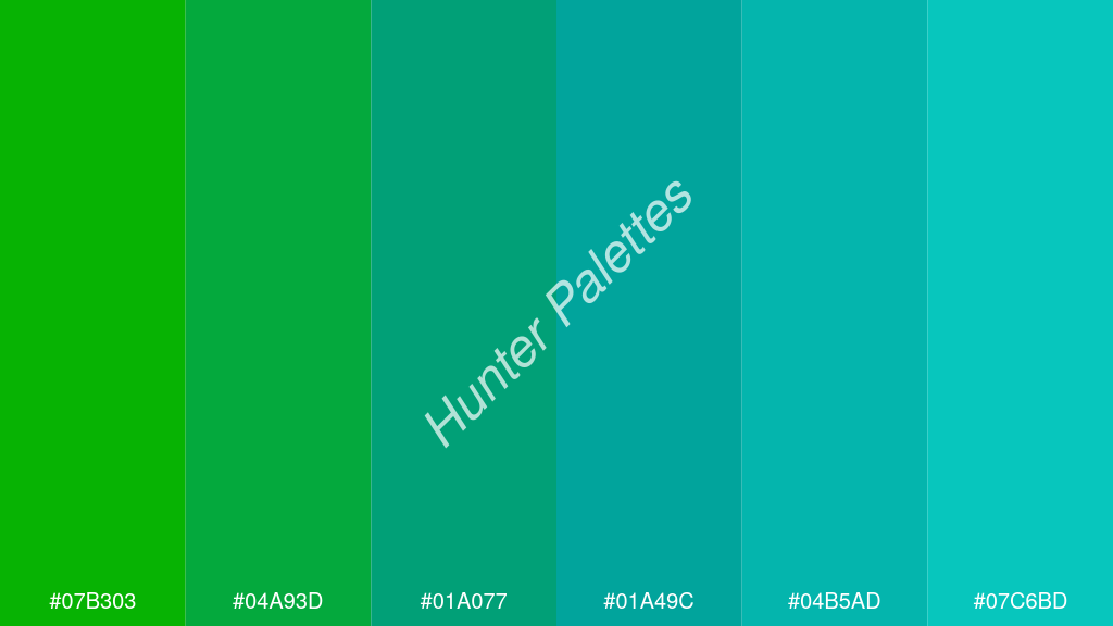 kékzöld szín palettája a következőkkel: #07b303 #04a93d #01a077 #01a49c #04b5ad #07c6bd