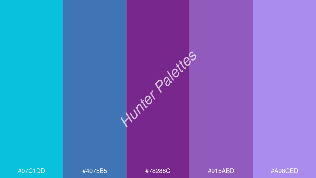 ibolya szín palettája a következőkkel: #07c1dd #4075b5 #78288c #915abd #a98ced