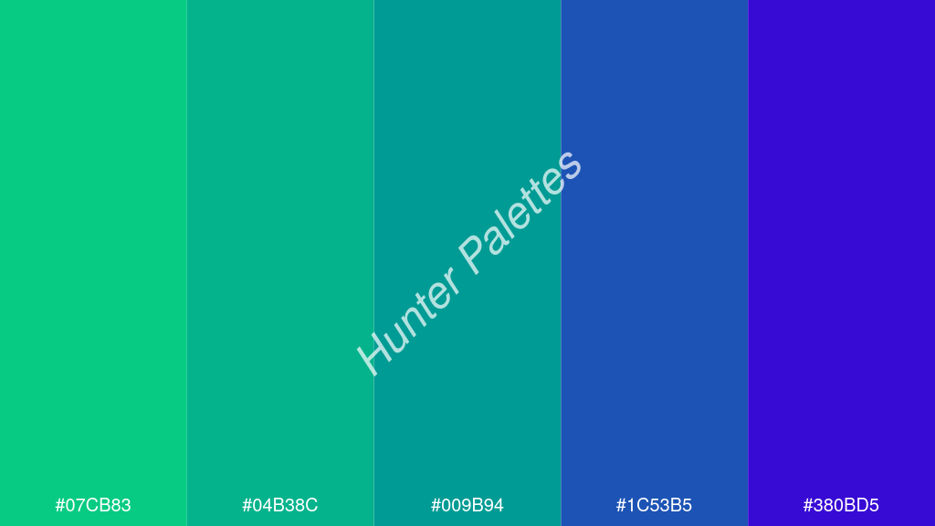 kékzöld szín palettája a következőkkel: #07cb83 #04b38c #009b94 #1c53b5 #380bd5