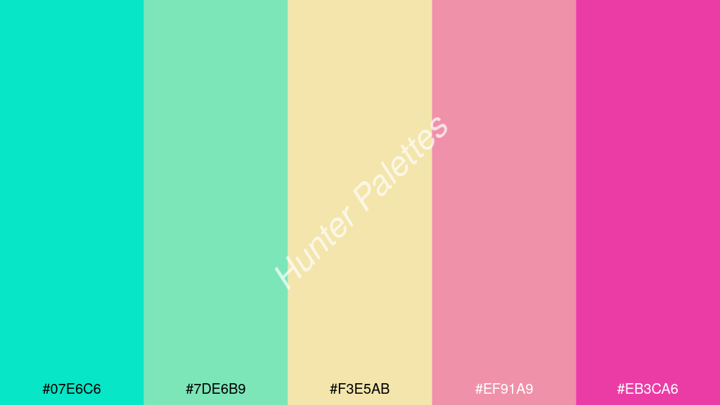 vanília szín palettája a következőkkel: #07e6c6 #7de6b9 #f3e5ab #ef91a9 #eb3ca6