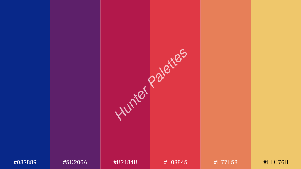 bíbor szín palettája a következőkkel: #082889 #5d206a #b2184b #e03845 #e77f58 #efc76b