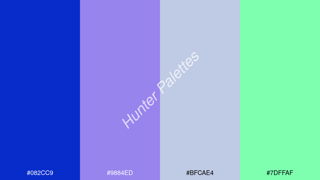 mályva szín palettája a következőkkel: #082cc9 #9884ed #bfcae4 #7dffaf