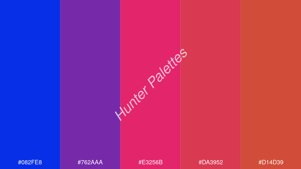 razzmatazz szín palettája a következőkkel: #082fe8 #762aaa #e3256b #da3952 #d14d39