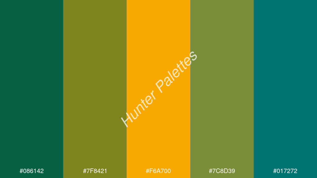 mustársárga szín palettája a következőkkel: #086142 #7f8421 #f6a700 #7c8d39 #017272
