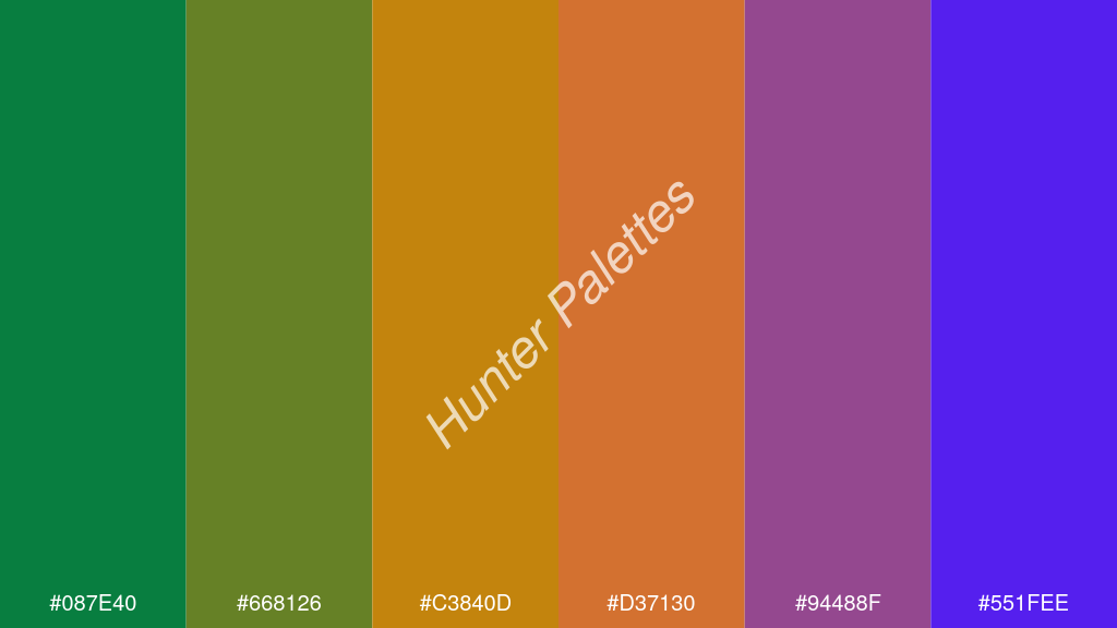 mandarin szín palettája a következőkkel: #087e40 #668126 #c3840d #d37130 #94488f #551fee