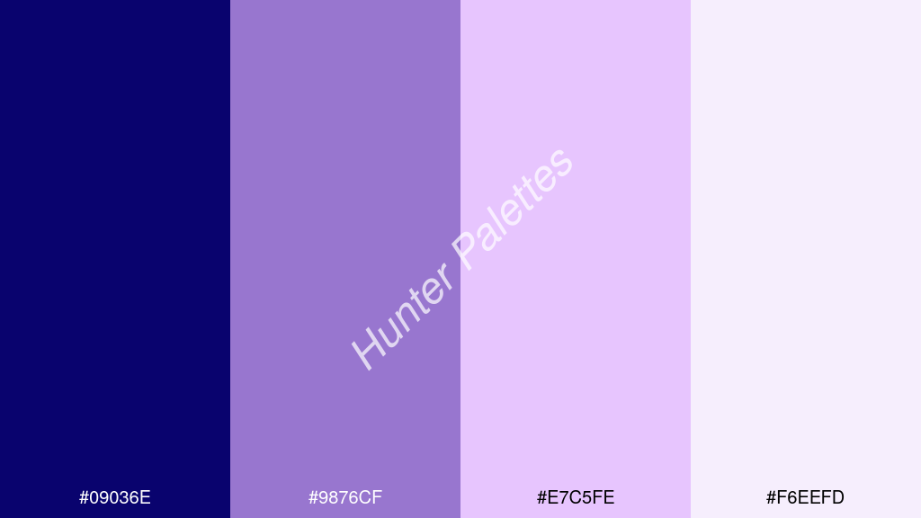 mályva szín palettája a következőkkel: #09036e #9876cf #e7c5fe #f6eefd
