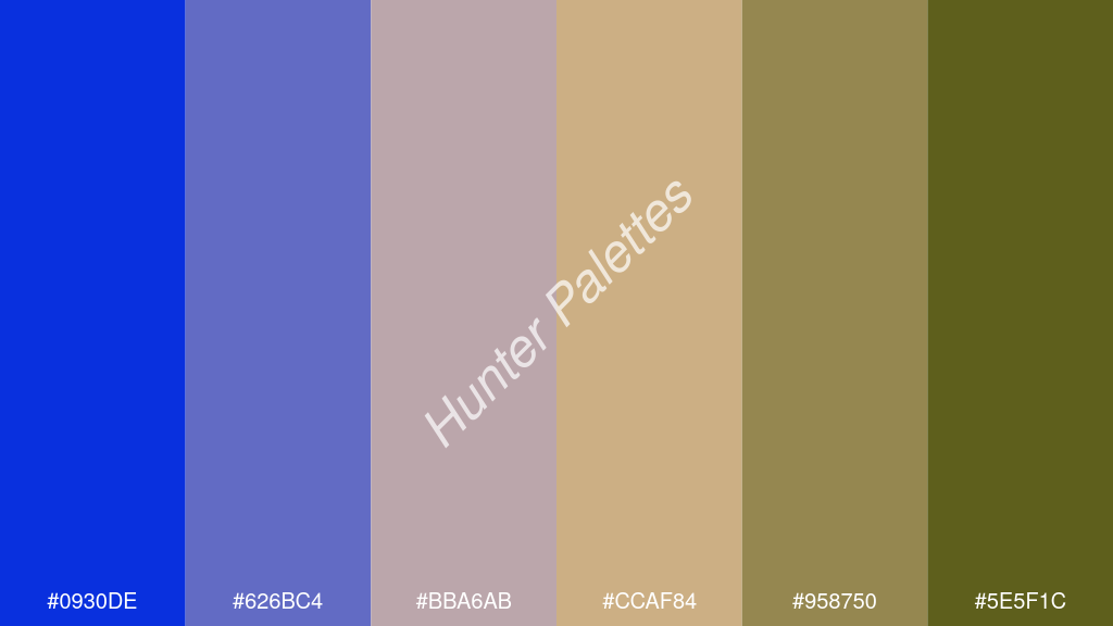 bézs szín palettája a következőkkel: #0930de #626bc4 #bba6ab #ccaf84 #958750 #5e5f1c