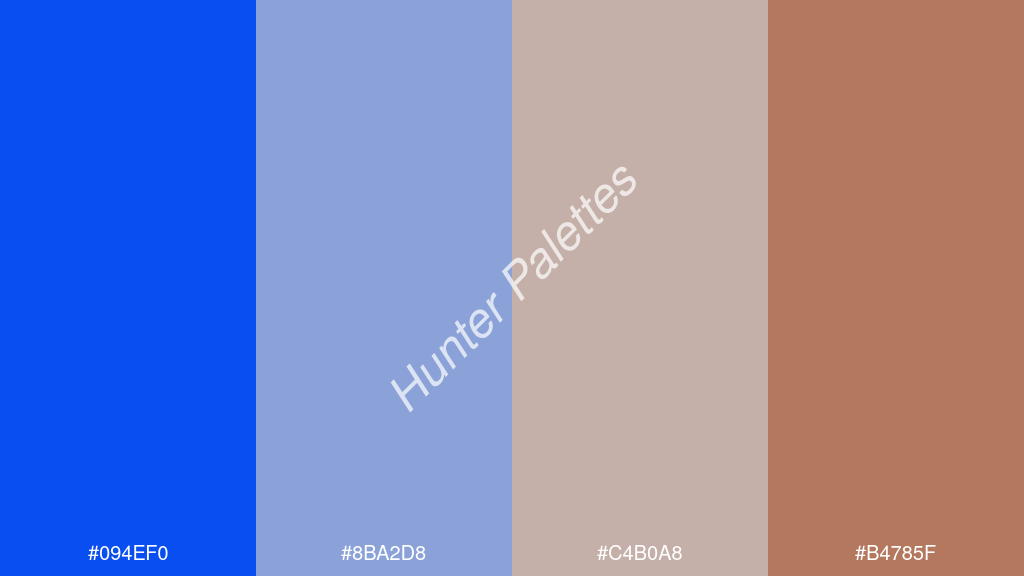 cccccc szín palettája a következőkkel: #094ef0 #8ba2d8 #c4b0a8 #b4785f