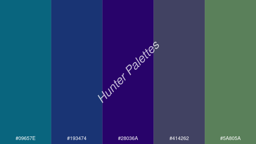 Francia kék szín palettája a következőkkel: #09657e #193474 #28036a #414262 #5a805a